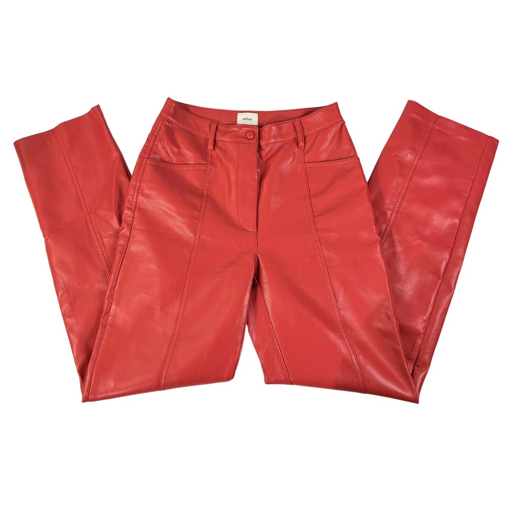 Wilfred Aritzia Command Pant Red Vegan Faux Leather Straight Leg Trousers Size 4